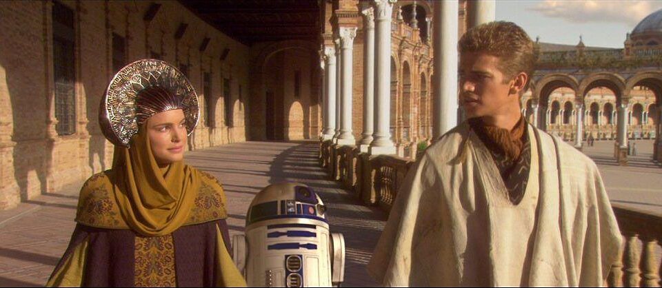 Un fotograma de Star Wars rodada en la Plaza de España de Sevilla.