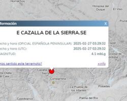 Terremoto de 4,1 esta madrugada en Cazalla de la Sierra, SevillaEl sismo se ha sentido en varias localidades de las provincias de Sevilla, Huelva y Córdoba